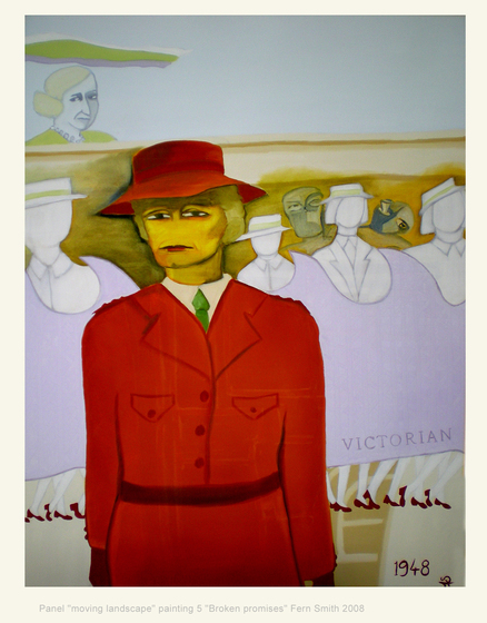 Painting of a woman in a red dress and a red hat.