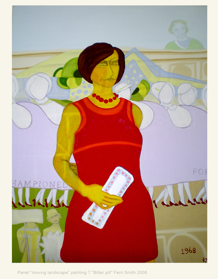 Painting of a woman in a red dress and red necklace.