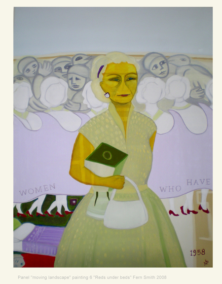 Painting of a woman in a pale dress holding a white handbag.