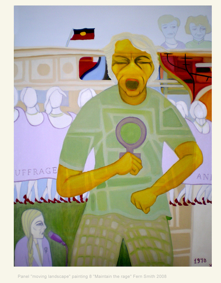Painting of a woman in a green T-shirt with the symbol for female. Aboriginal flag in the distance.