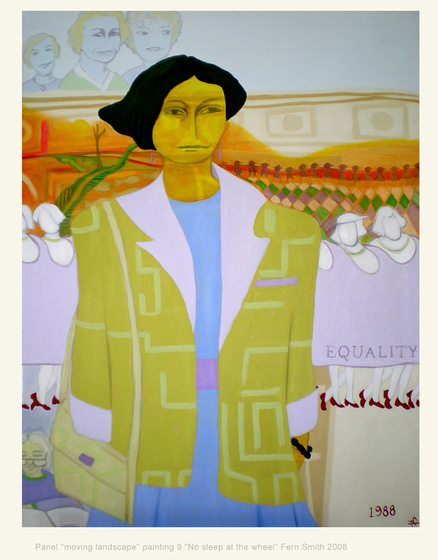 Painting of a woman with black hair in a blue dress and a yellow jacket.
