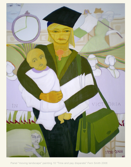 Painting of a woman in an academic gown and mortar board holding a baby. Clock in background.