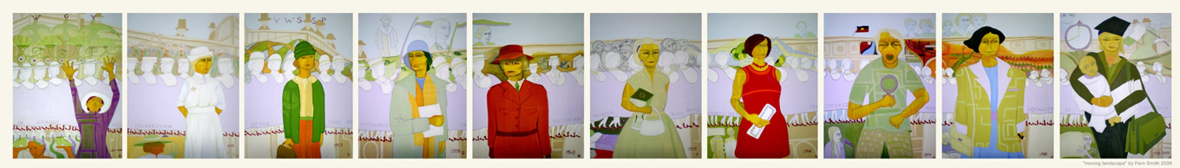 Ten panels of a painting. On each a stylised woman. Each woman is dressed in an outfit to reflect a specific decade and the significant moments of the women's rights movement.