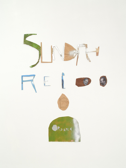The phrase 'Sunday Reed is Organic' rendered in collage on a white background.