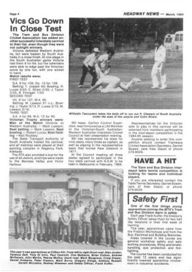 Black on white page from a newsletter with a photograph of a cricket game and one of a row of men and three articles with the titles, 'Vics Go Down in Close Test', 'Have a Hit' and 'Safety First'.