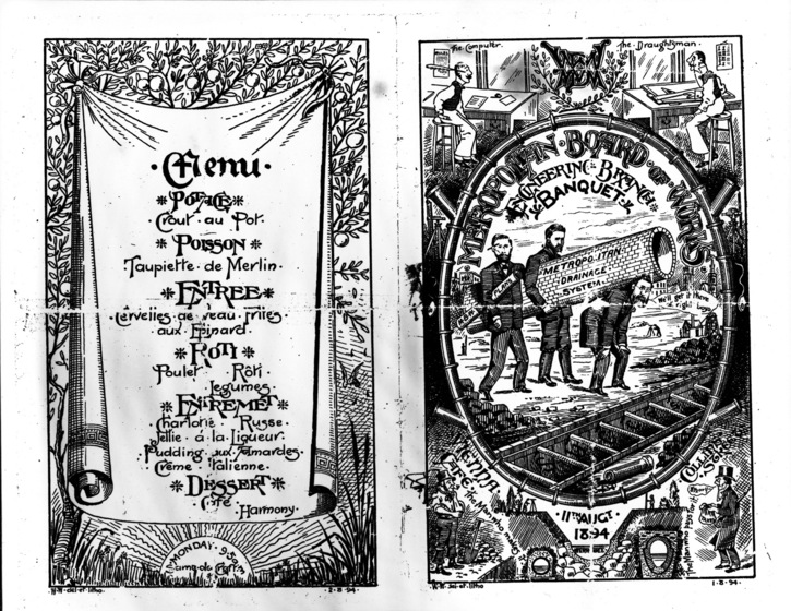Black on white printed menu. Obverse: cartoons of engineering staff and title, 'Metropolitan Board of Works Engineering Branch Banquet'. Reverse: list of dishes served.