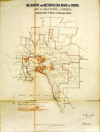 Black and red on white map of the Port Phillip Bay area showing sewers completed and under construction.