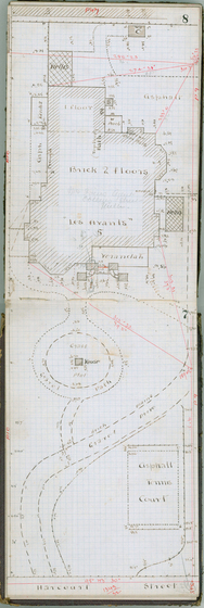 Black and red on white double page spread of a notebook showing a labelled hand drawn plan of a house and garden titled, 'Harcourt Street'.