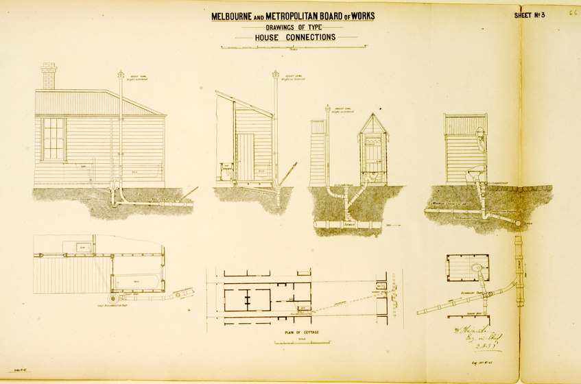 Black on white hand drawn cross sections of rear of a house and an external lavatory and their connection to the underground sewerage system.
