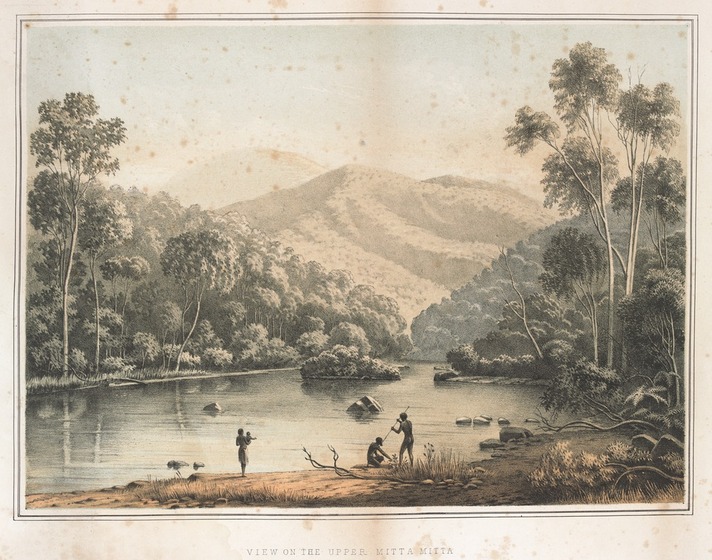 View of Aboriginal group by edge of river with Bogong Ranges in background.