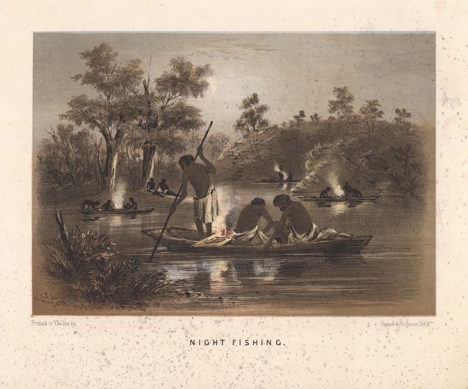 Three aboriginal men in a canoe fishing at night.