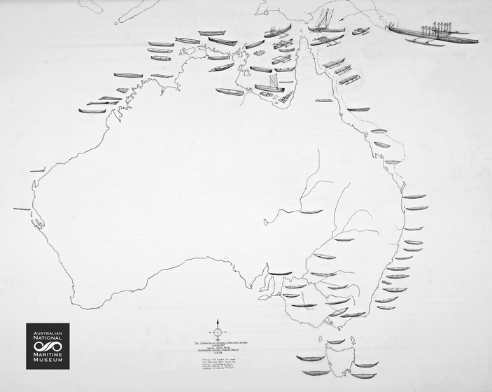 Linear map of Australia showing major rivers and showing the style of canoe used in each area.