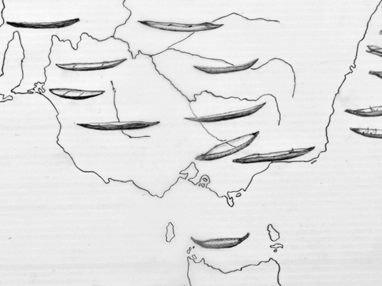 Linear map of Victoria showing major rivers and showing the style of canoe used in each area.
