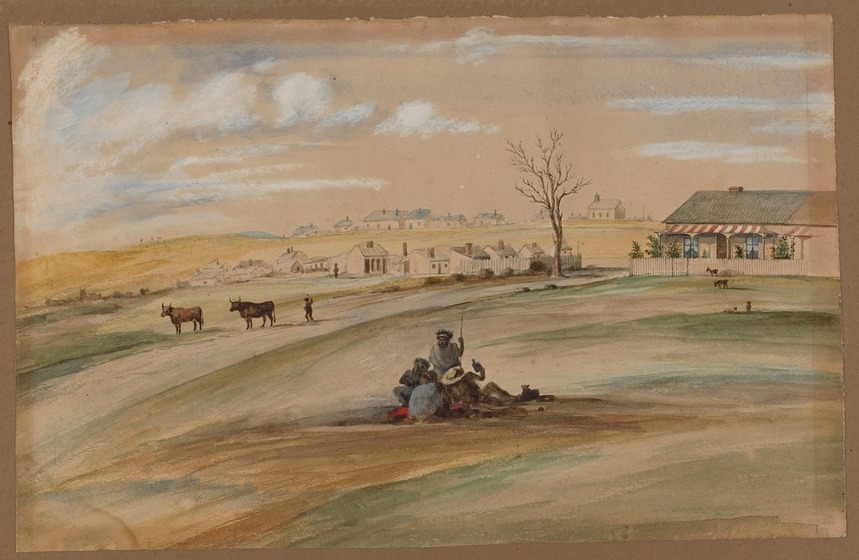 Watercolour of rural scene. Aboriginal group in foreground, farm in middle distance, town in distance.