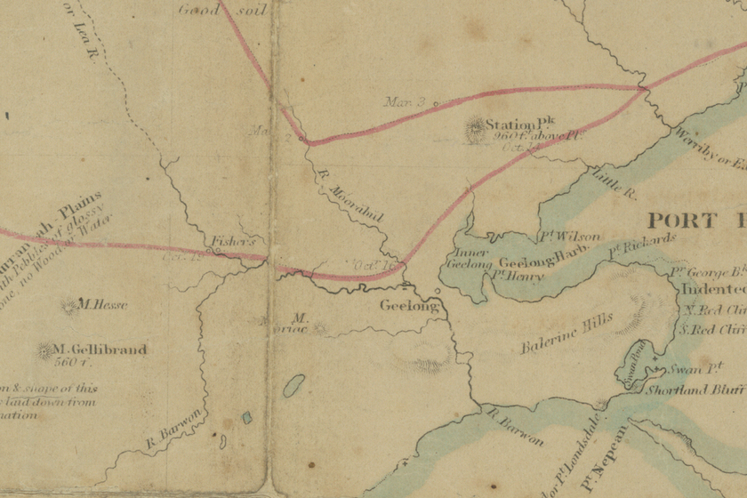 Detail of black on white printed map showing the Geelong area.