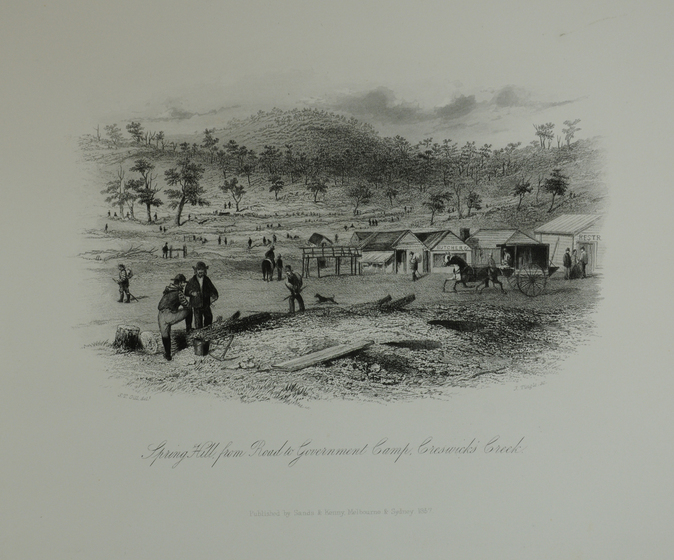 Black on white print of a colonial town in a shallow valley.
