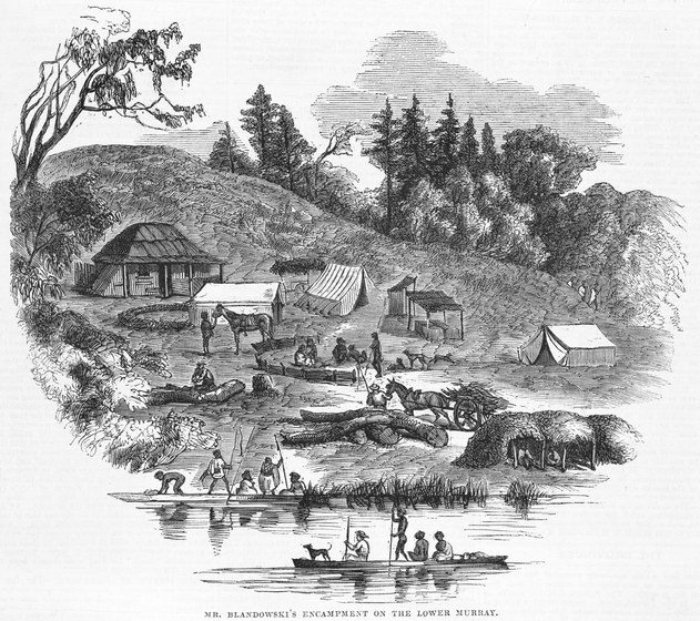 Black on white print of a hillside encampment beside a river, featuring a cottage, tents, Aboriginal dwellings and Aboriginal people ferrying people in canoes.