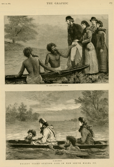Black on white wood engraving. Top panel: Europeans on bank negotiate with Aboriginal men in creek with canoe. Bottom panel: two European women in canoe guided by two Aboriginal men in water.