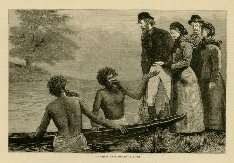 Black on white wood engraving. Europeans on bank negotiate with Aboriginal men in creek with canoe.