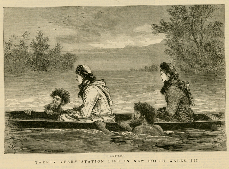 Black on white wood engraving. Two European women in canoe guided by two Aboriginal men in water.