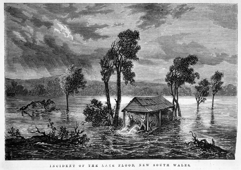 Black on white print of man, woman and child in hayshed surrounded by floodwaters.