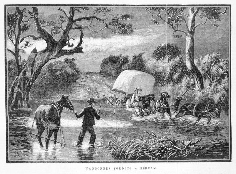 Black on white print of four horses struggling to haul a covered wagon across a flooded stream.