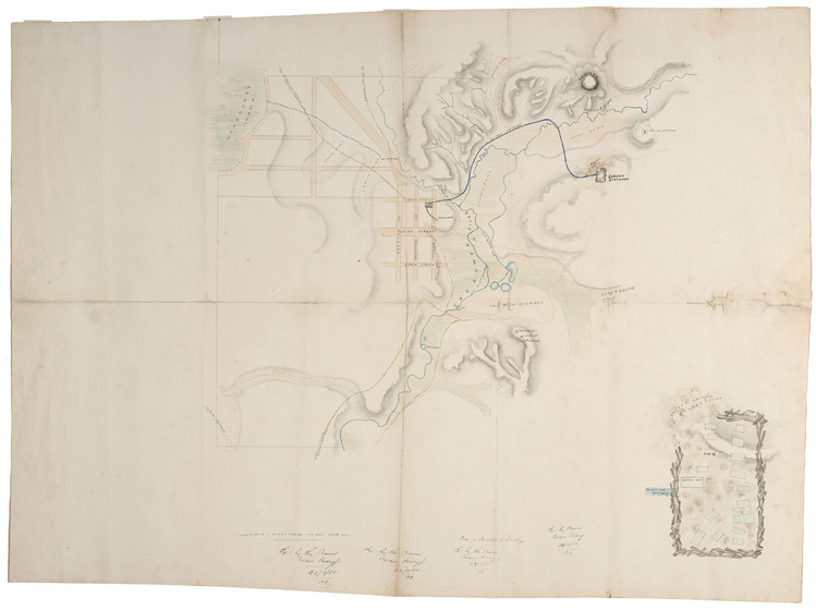 Hand drawn map showing streets of East Ballarat, waterways, rises and the location of the Eureka Stockade.