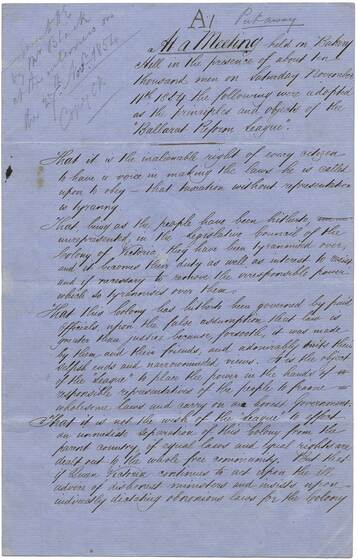 Document hand written in copperplate on blue paper.