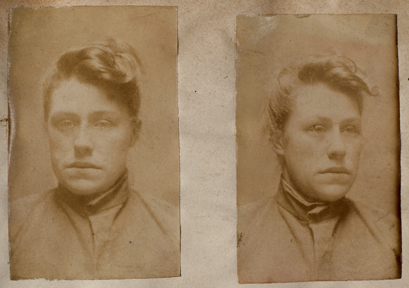 Two sepia head and shoulders photo portraits of a young woman with her blonde hair tied back and wearing a high collared smock.