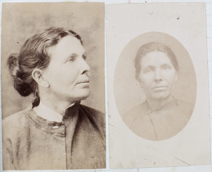 Two sepia head and shoulders photo portraits of a middle-aged woman with her dark hair tied back and wearing a smock.