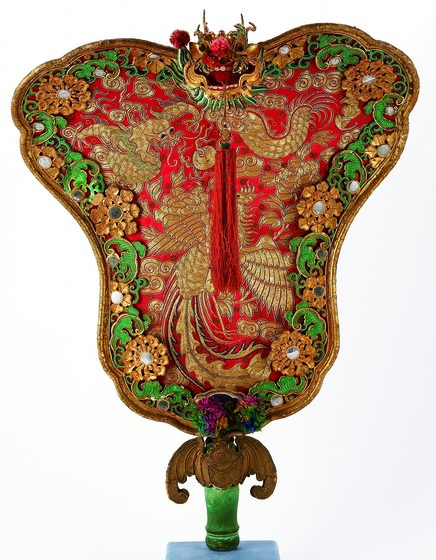 Colourful processional fan with gold embroidery and inlay. 
