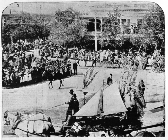 Black and white newspaper clipping of a retouched photograph of horse-drawn carriages in a street crowded with people in Victorian dress.