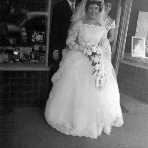 Black and white photograph of a bride.
