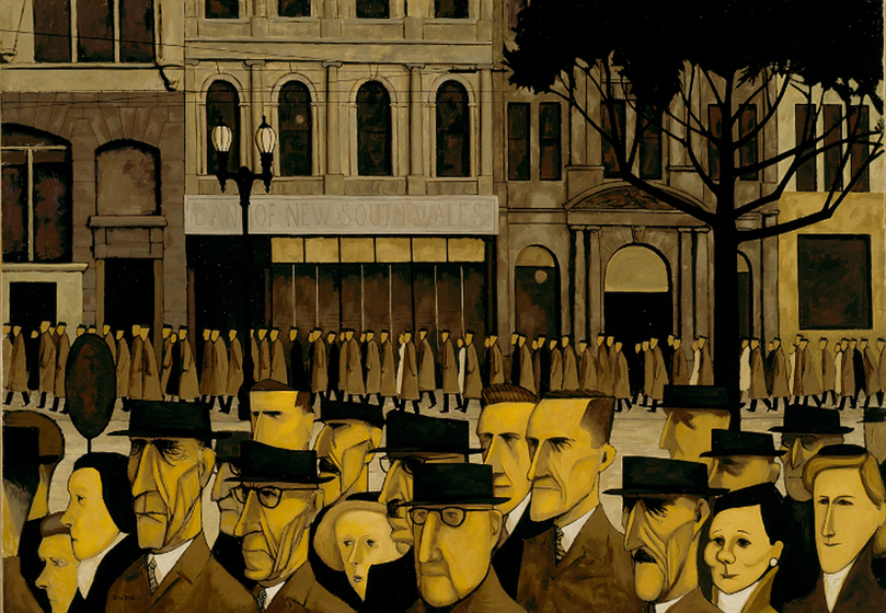 Oil painting in yellow and brown tones of a city street with pavements crowded with stylised pedestrians.