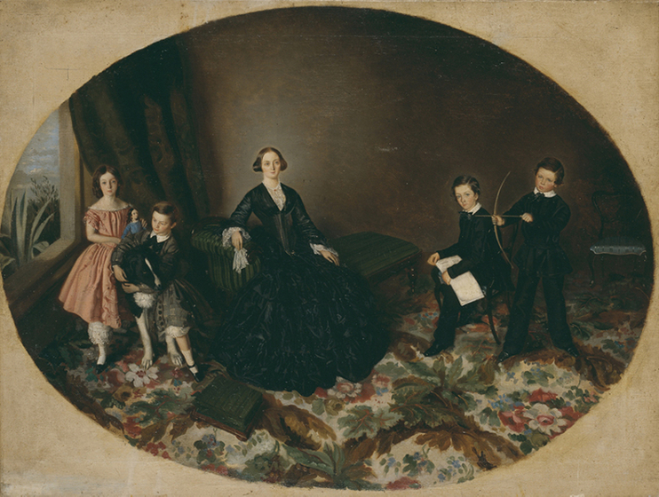 Oval oil painting, Victorian family portrait of a woman in a black dress flanked by three boys and a girl.