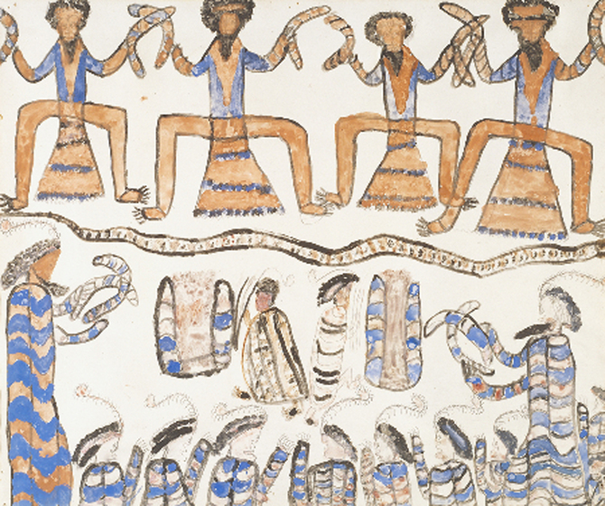 Gouache, earth pigments and charcoal painting of aboriginal men dancing.