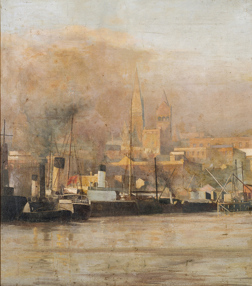 Oil painting of a port with docked steamboats and city behind.