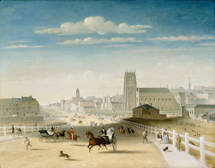 Oil painting of a colonial city from a bridge with a large church in the middle ground and a horse and carriage in the foreground.