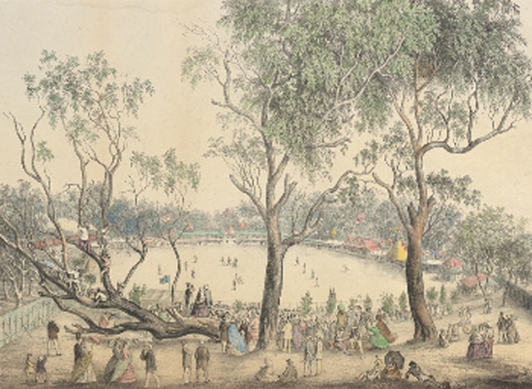 Black and white print with watercolour of a sports oval seen through trees with players on ground and spectators.