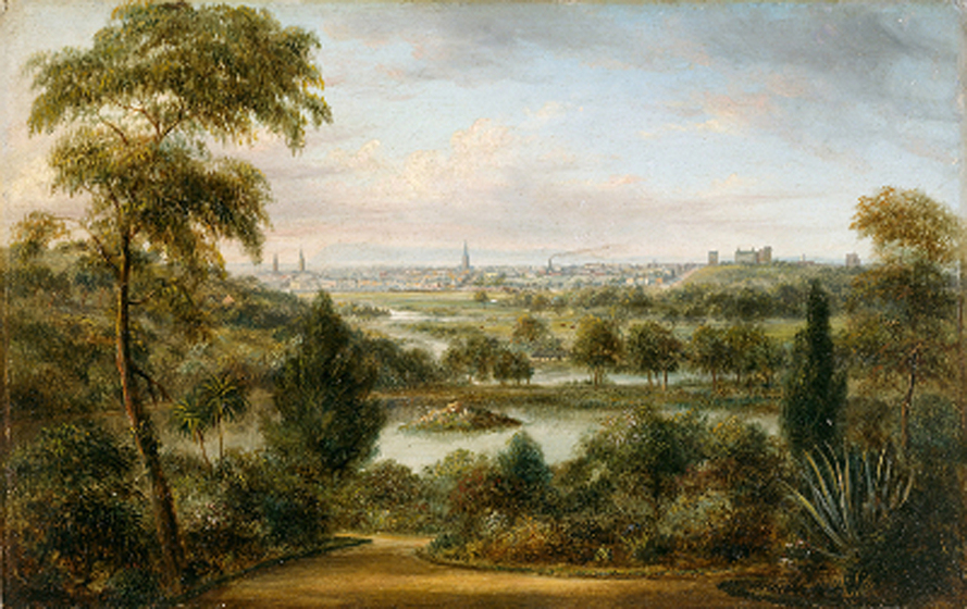 Oil painting of a wooded landscape with waterways with a city in the distance.