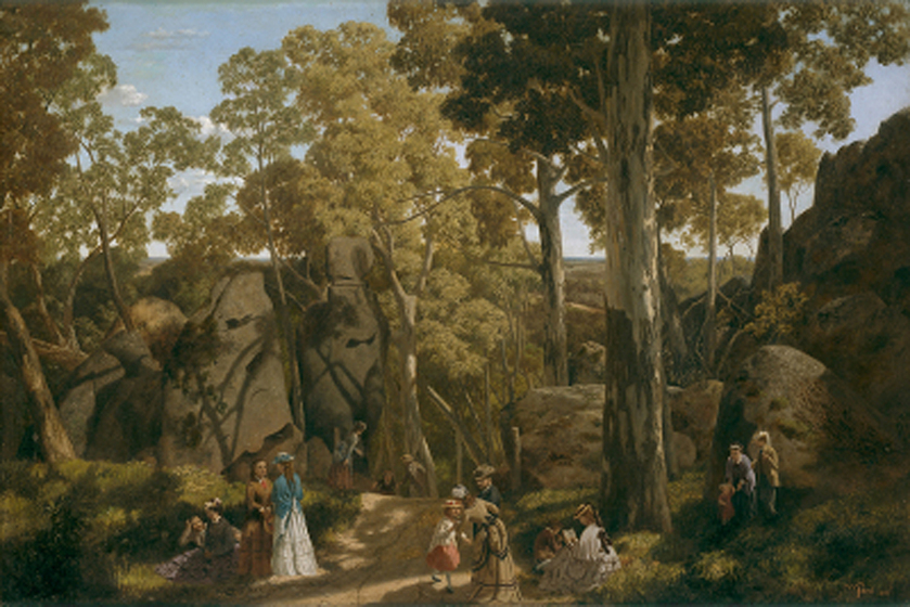 Oil painting of men, women and children in Victorian dress in a eucalypt forest with boulders.