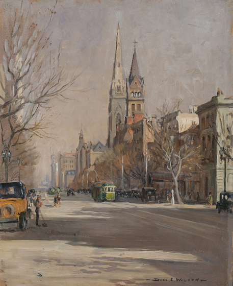 Oil painting of an urban street with trees, parked cars, a tram and a boy leaning on a broom.