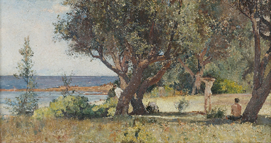 Oil painting of wooded seashore with three naked bathers.