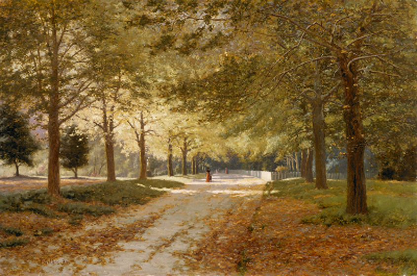 Oil painting of an avenue of autumnal trees in a park with orange leaves and a figure on the path.