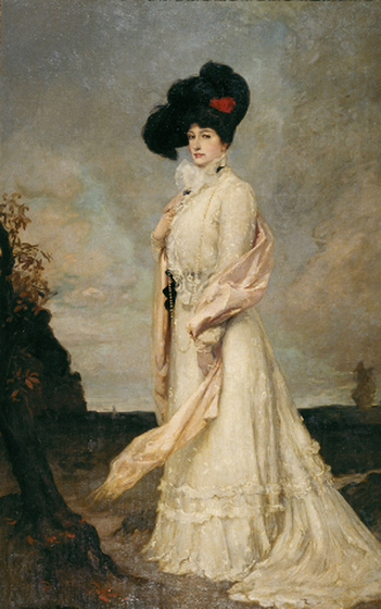 Oil painting. Full length portrait of a woman in a long white Edwardian gown, wearing a large black hat.