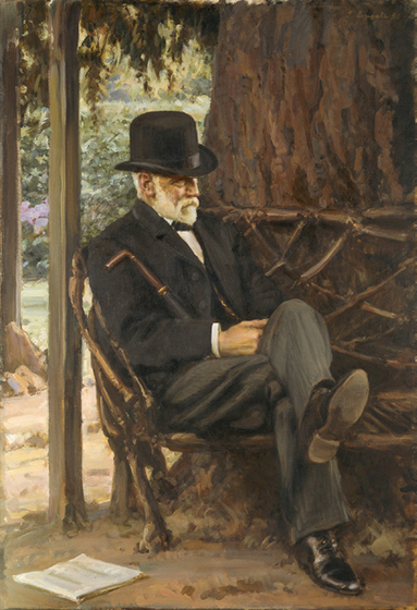 Oil painting of elderly gentleman in a dark suit sitting on a garden seat with his legs crossed.