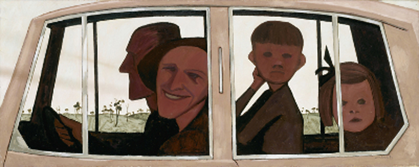 Oil painting in sepia tones looking through the side windows of a car with a man and a woman in the front seat and a boy and a girl in the back seat.