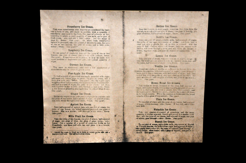 Double spread of a booklet showing ice-cream recipes.