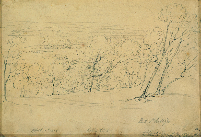 Pen and black ink sketch of a view from a hill overlooking a bay, trees in foreground.