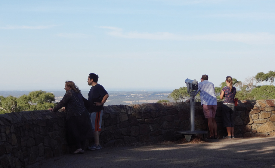 Colour photograph of four people standing at a low stone wall looking to the countryside in the distance, one with binoculars.